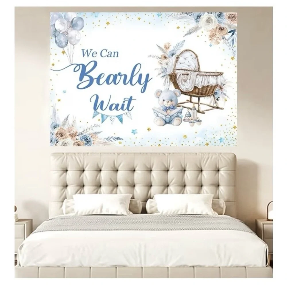 7x5ft Blue Bear Baby Shower Backdrop, We Can Bearly Wait Baby.NEW SEALED PACKAGE